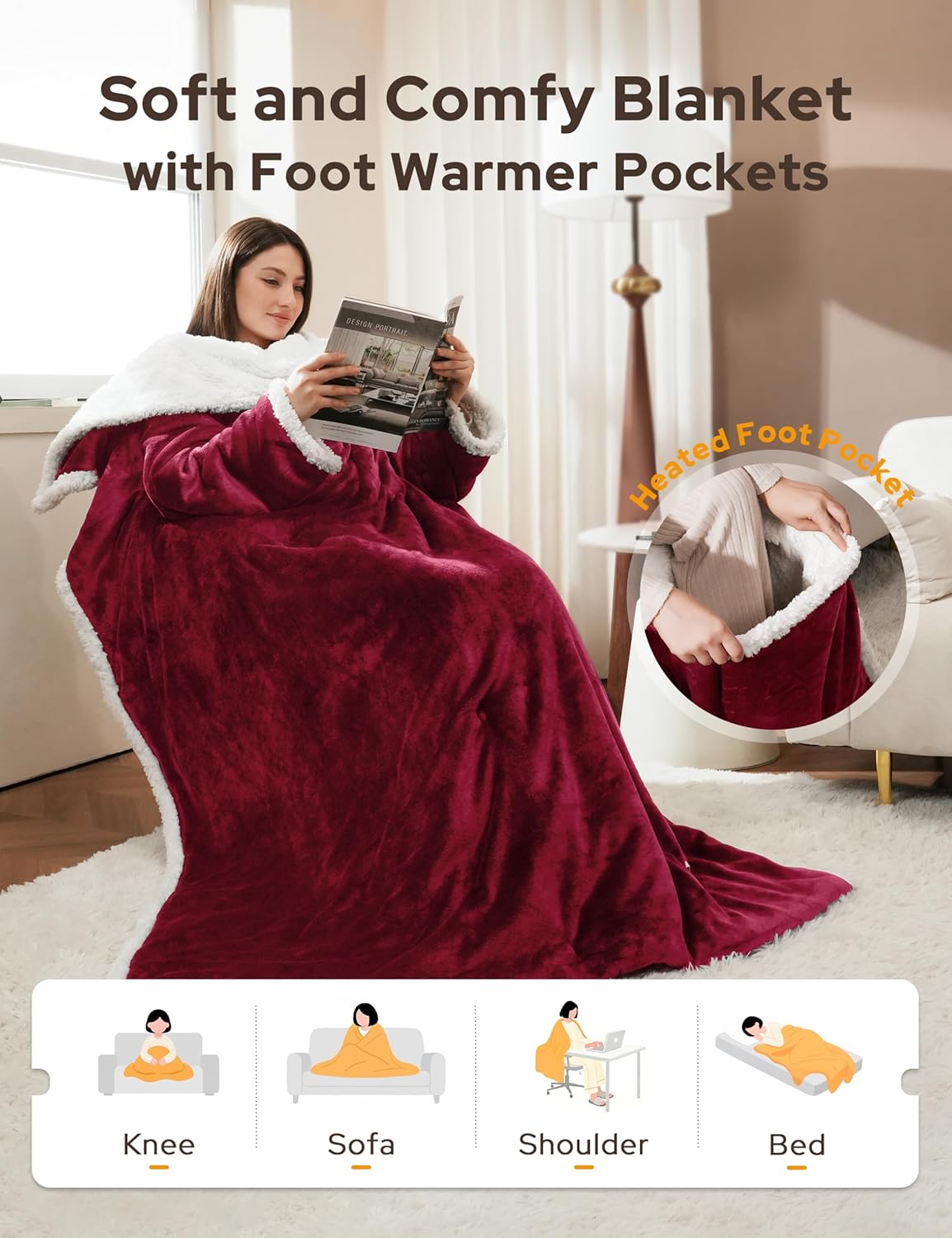 Heated Blanket Throw with Foot Pocket