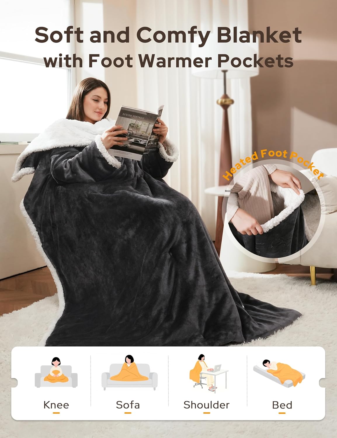 Heated Blanket Throw with Foot Pocket