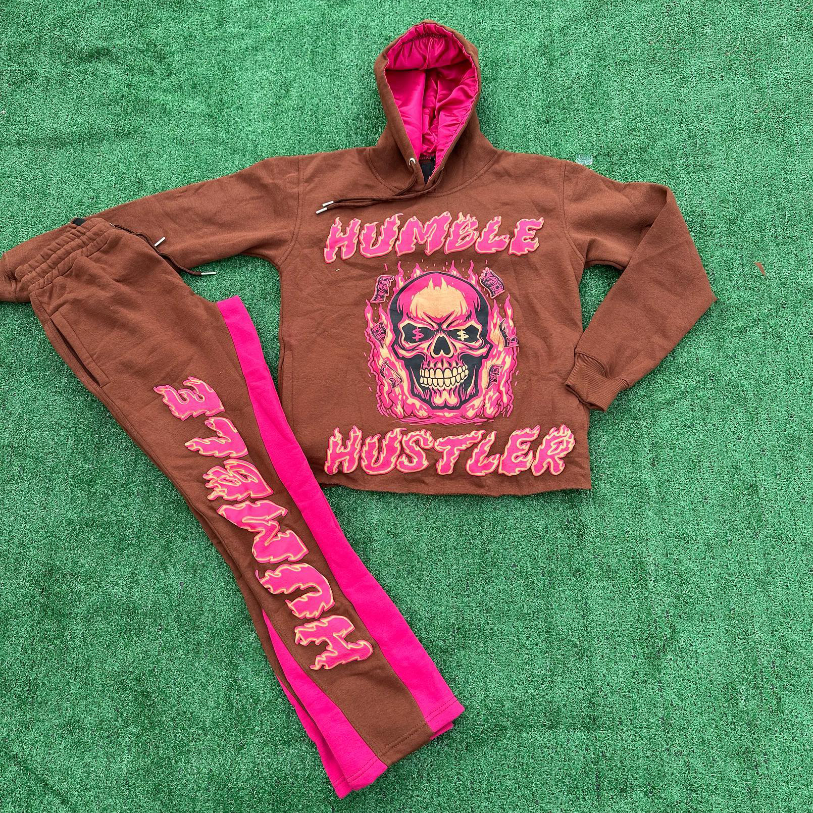 Skull print casual street patchwork hoodie and trousers two-piece suit