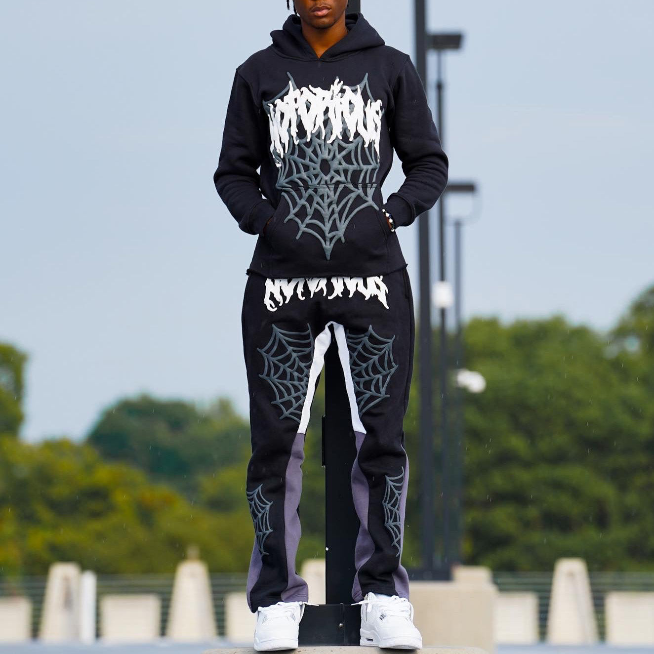 Notorious Spider Web Print Hoodie Sweatpants Two Piece Set