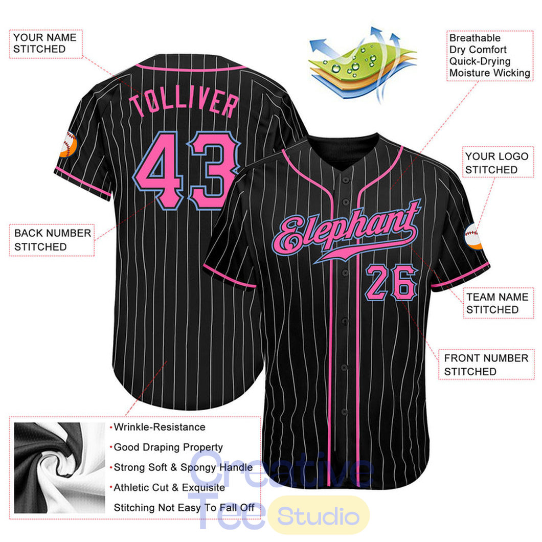 Custom Black White Pinstripe Pink-Light Blue Baseball Jersey