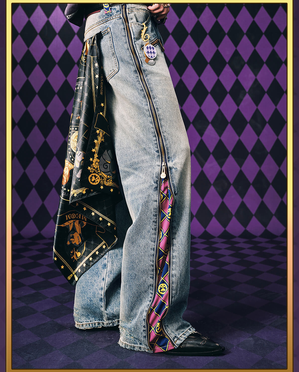 2026 MEDM × JOJO Side Zipper Contrast Checkered Washed Jeans