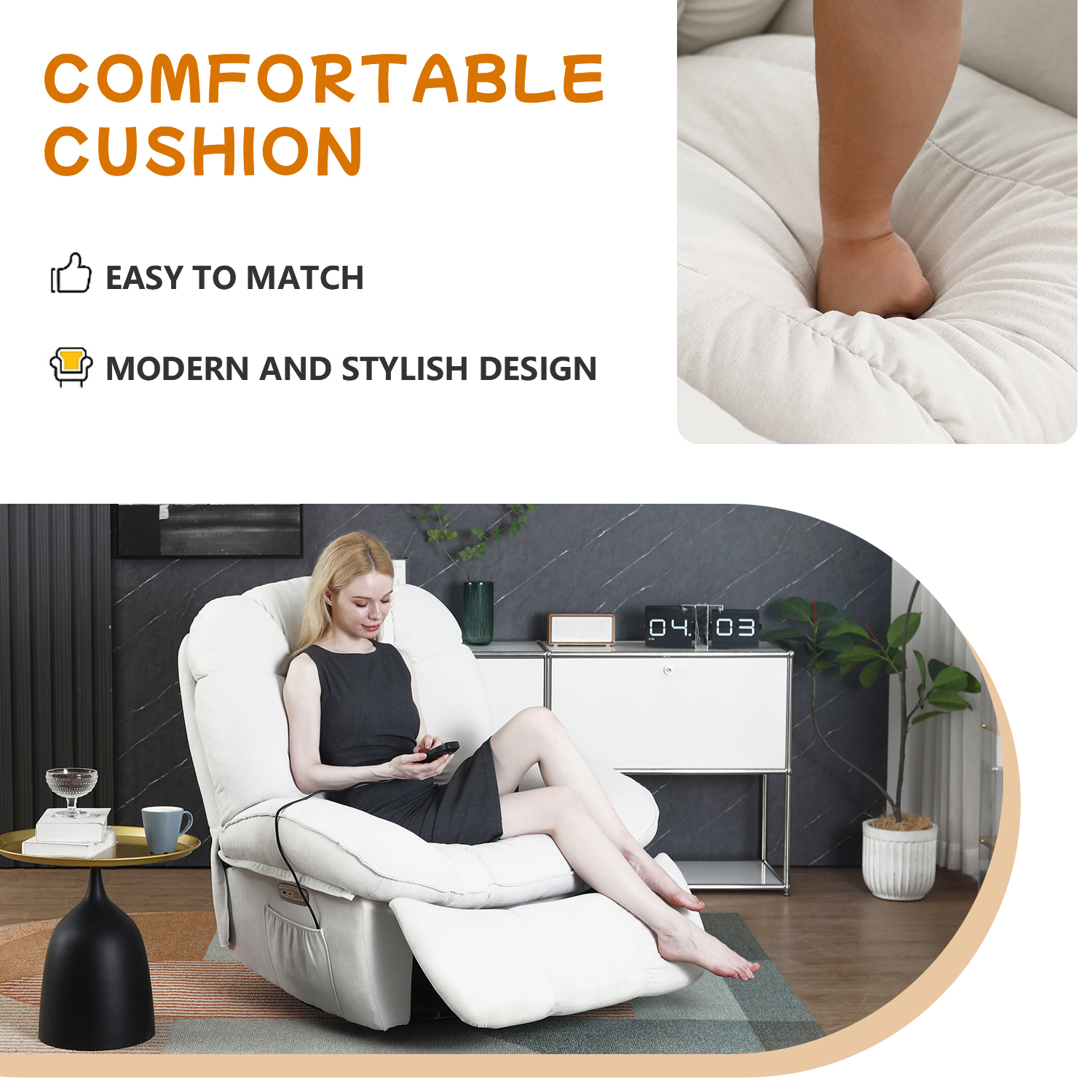 XINMICS Power Rocker Recliner Chair with Vibrating Massage Heating USB Port Type-C Port Side Pocket, White