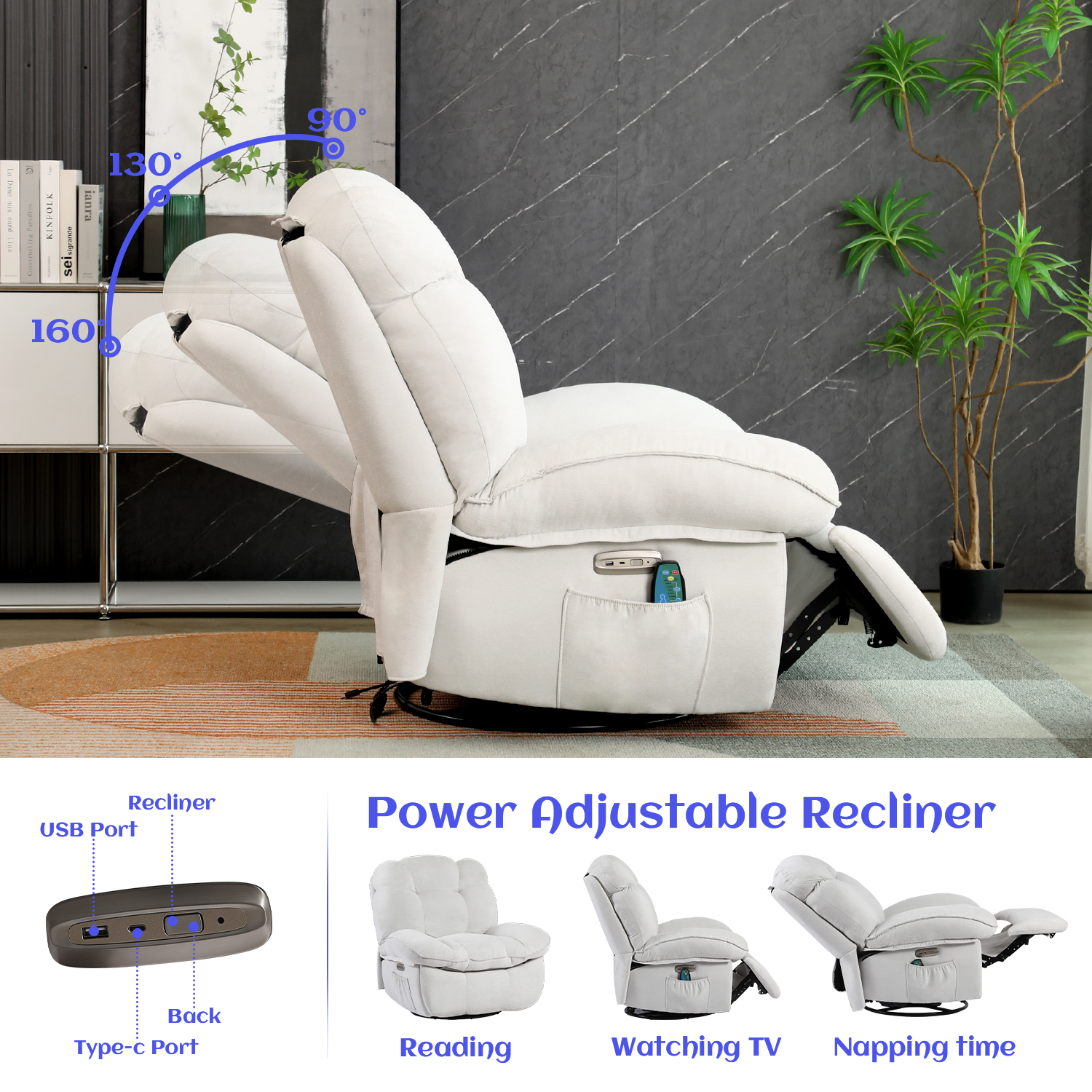 XINMICS Power Rocker Recliner Chair with Vibrating Massage Heating USB Port Type-C Port Side Pocket, White