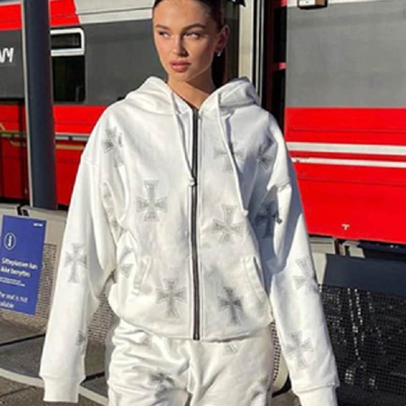 Multi-Color Rhinestone-Studded Zip-Up Hoodie With Hood