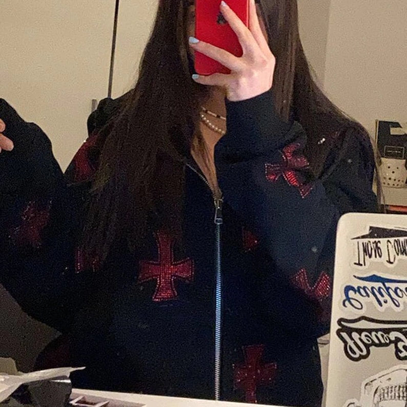 Multi-Color Rhinestone-Studded Zip-Up Hoodie With Hood