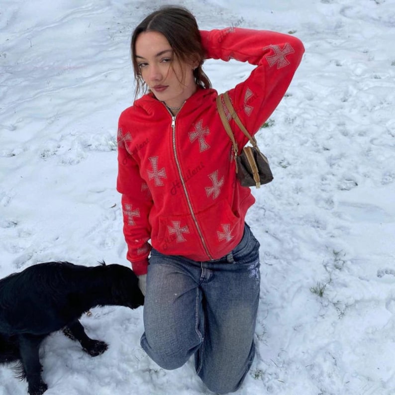 Multi-Color Rhinestone-Studded Zip-Up Hoodie With Hood