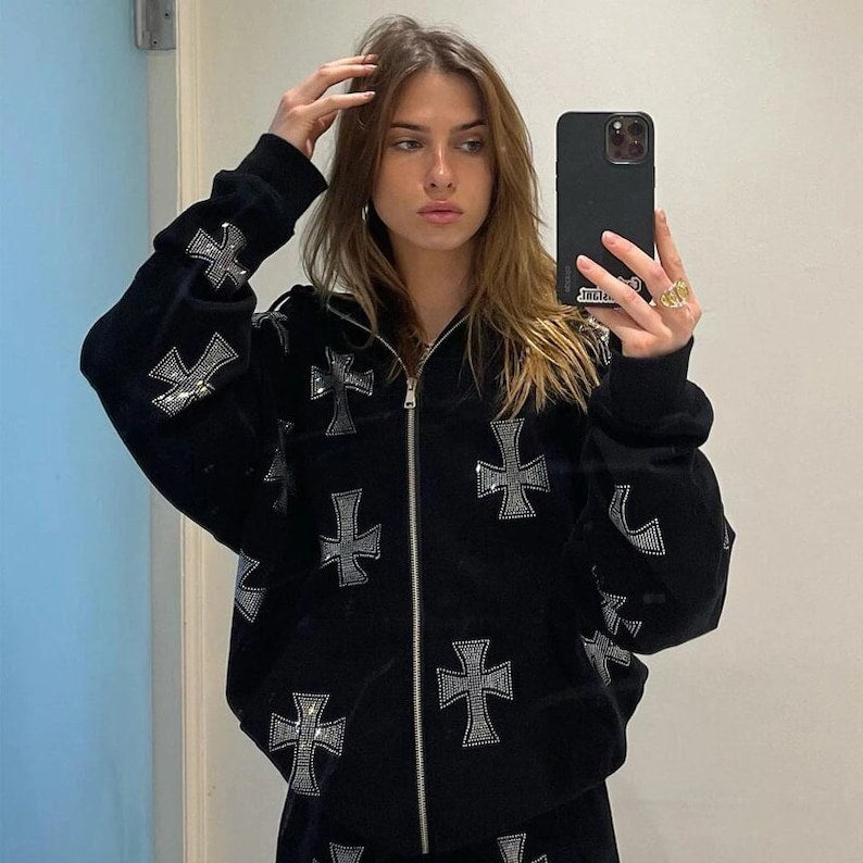 Multi-Color Rhinestone-Studded Zip-Up Hoodie With Hood