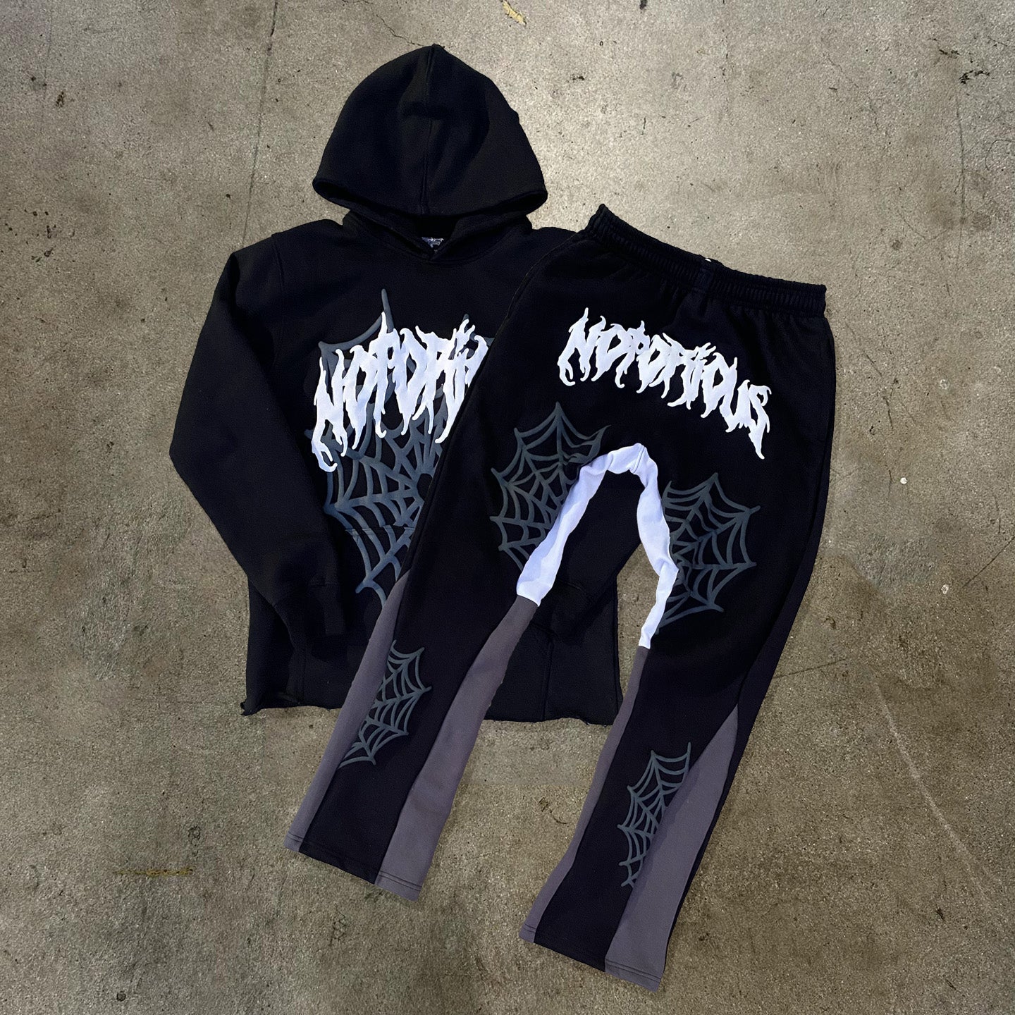 Notorious Spider Web Print Hoodie Sweatpants Two Piece Set