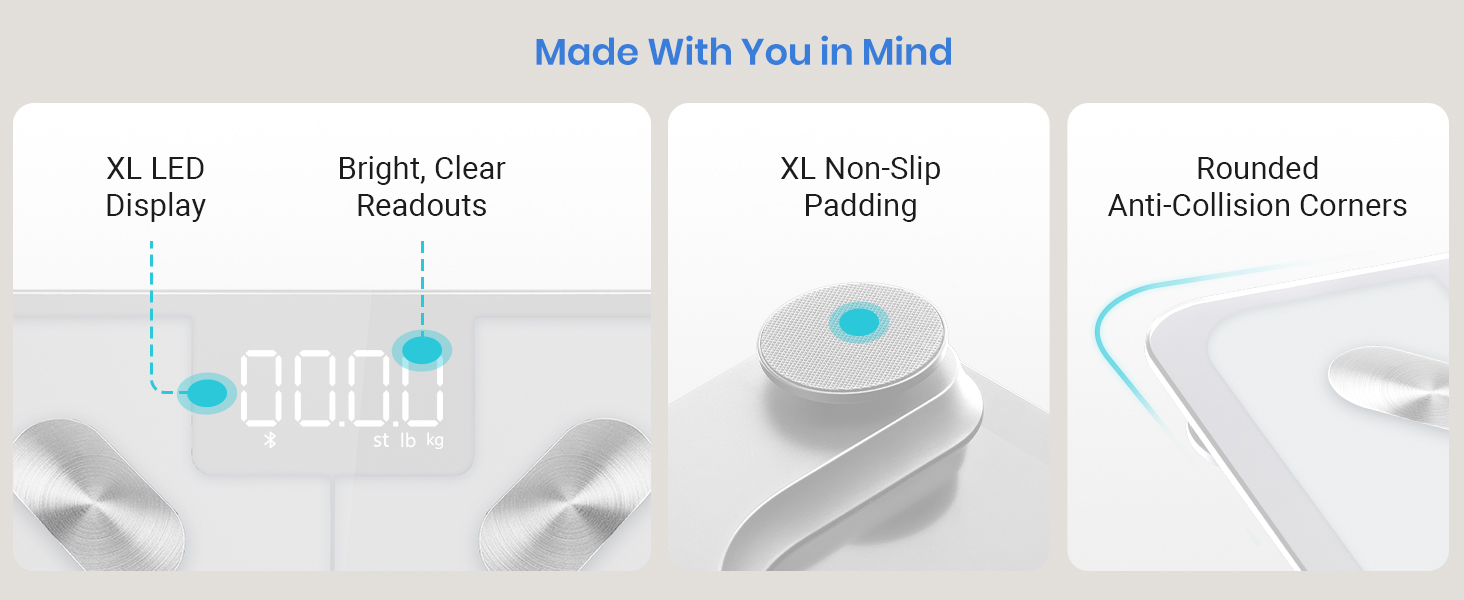 XL LED 显示屏、明亮清晰的读数、XL 防滑垫和圆角防撞角