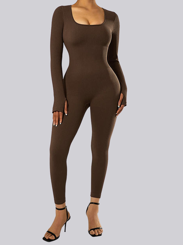 Seamless Ribbed Square Neck Long Sleeve Jumpsuit