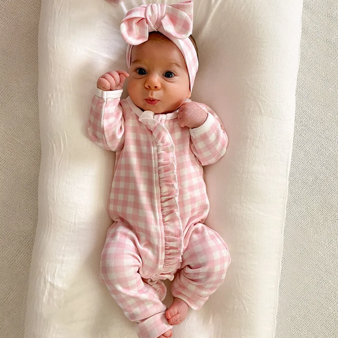 Newborn Checkered Jumpsuit With Headband