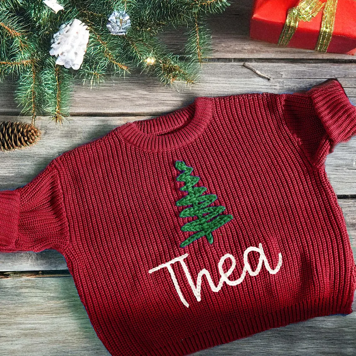 Newborn Custom Name Christmas Tree Handmade Sweater