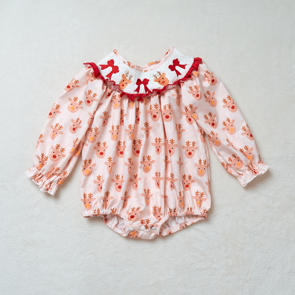 Baby Christmas Reindeer Smocked Romper