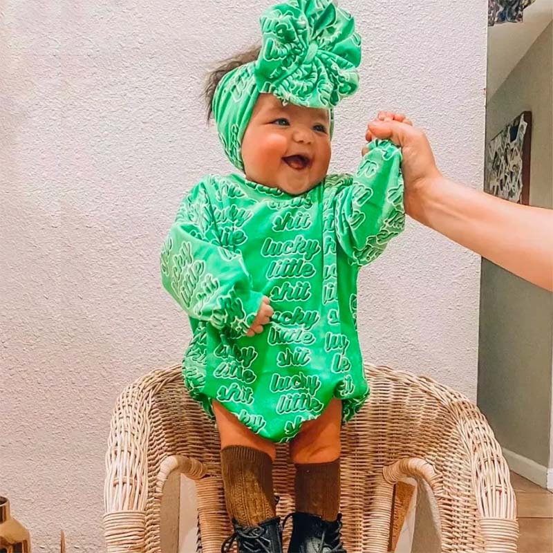 Baby St. Patrick's Day Print Romper+Bow.