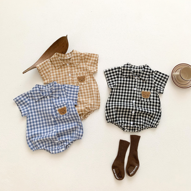 Baby Summer Plaid Polo Bear Romper