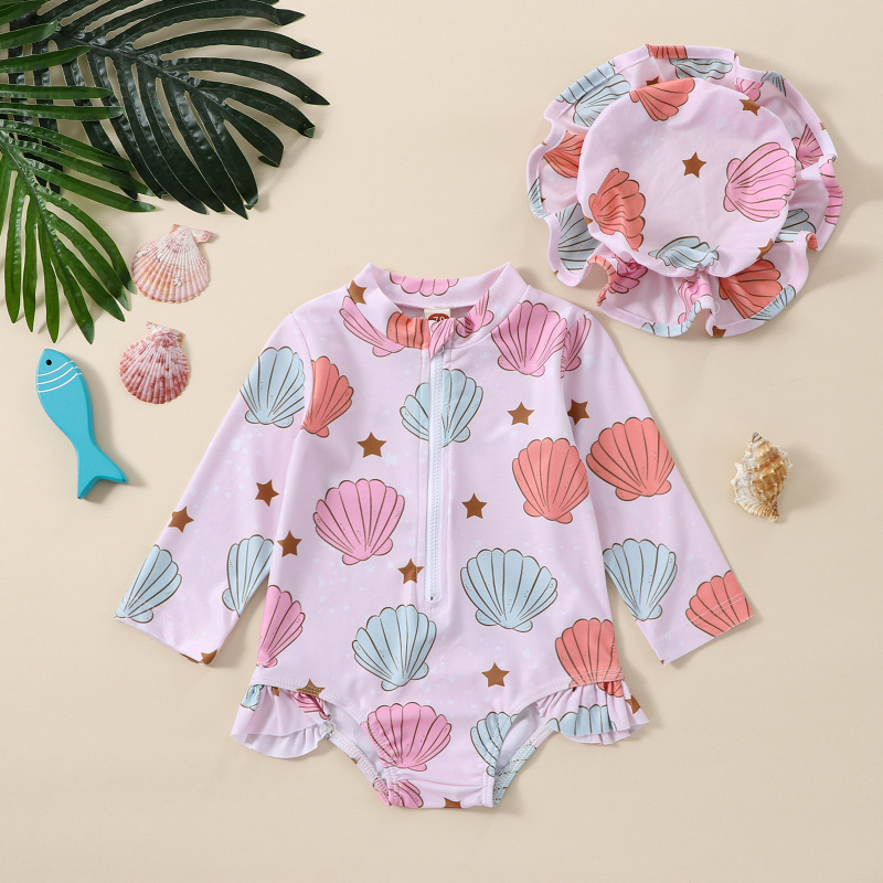 Baby Girl Shell Swimsuit with Hat