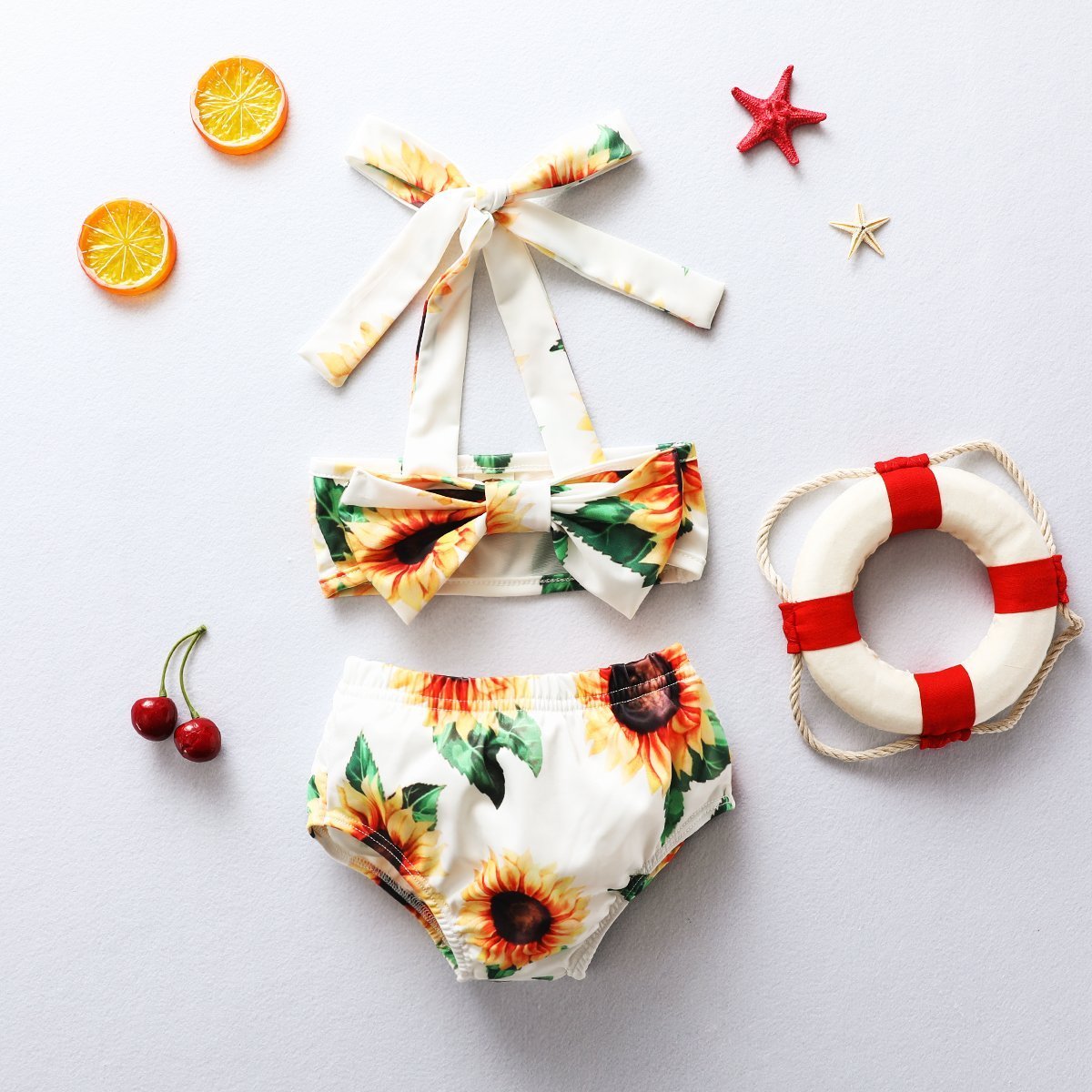Girls Sunflower Print Lace Swimsuit-visikids