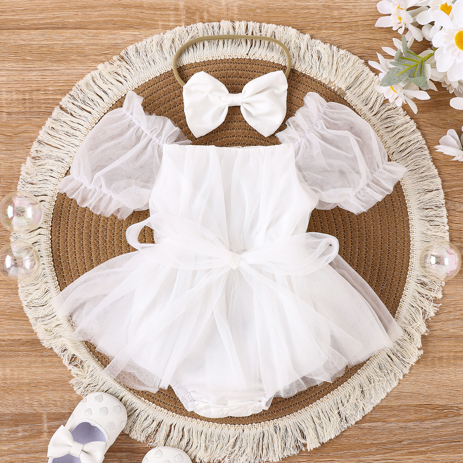 Baby Solid Gauze Romper With Headband
