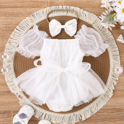 Baby Solid Gauze Romper With Headband