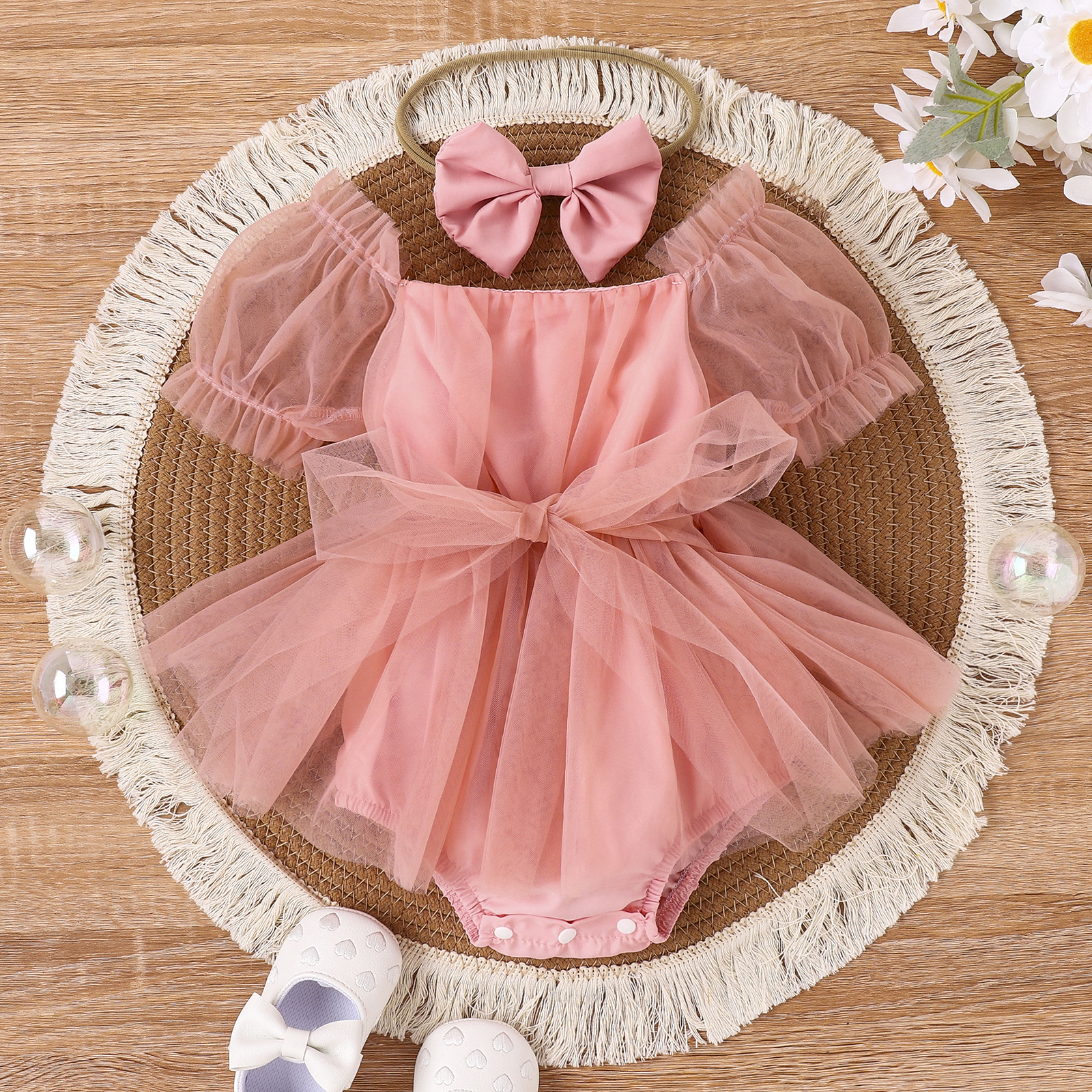 Baby Solid Gauze Romper With Headband