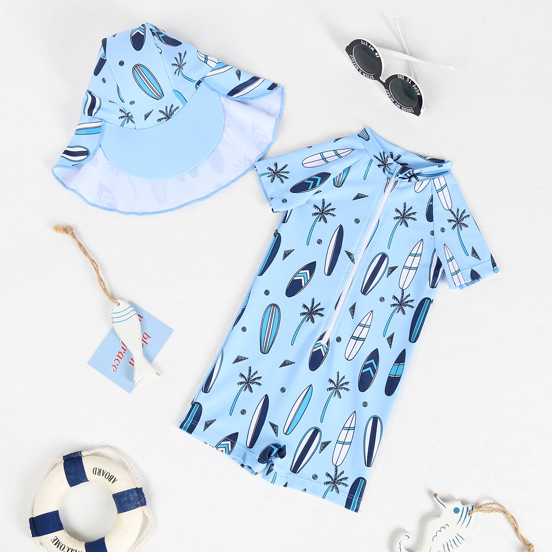 Baby Coconut Tree Surfboard Swimsuit With Cap