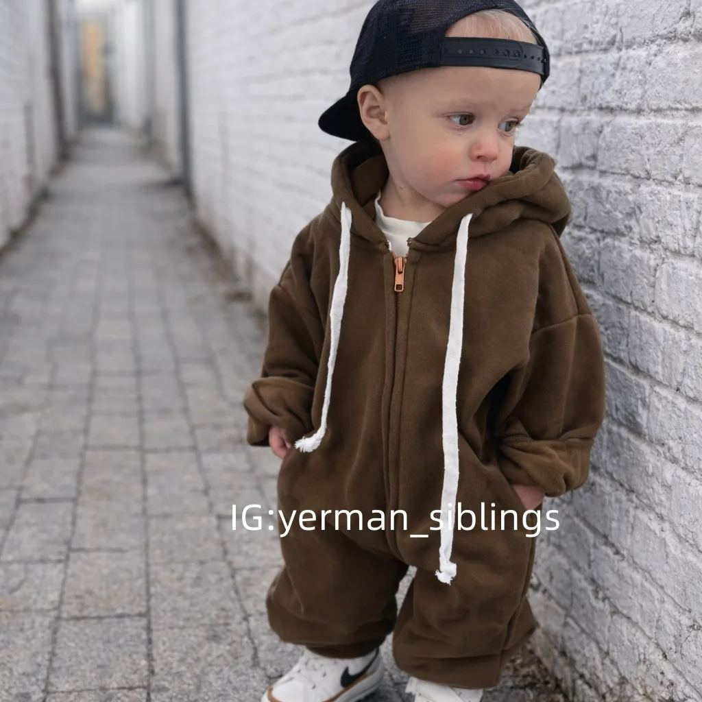 Baby Solid Hooded Zip Up Jumpsuit