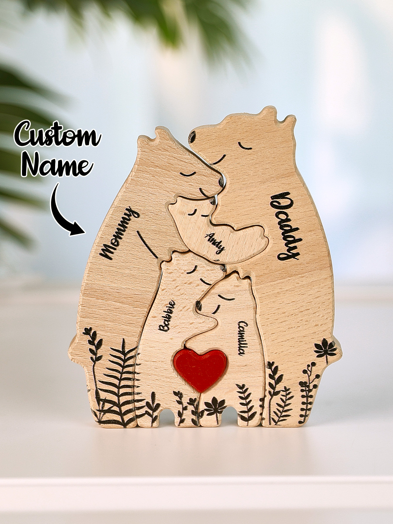 Custom Name Wooden Heart Bear Puzzle – Personalized Family Gift