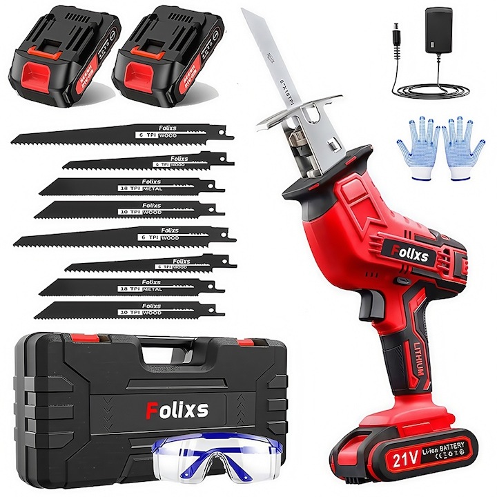 Fierastrau sabie, Folixs®, 3000 RPM, 2 Baterii, 8 Panze, led iluminare, ABS/Metal