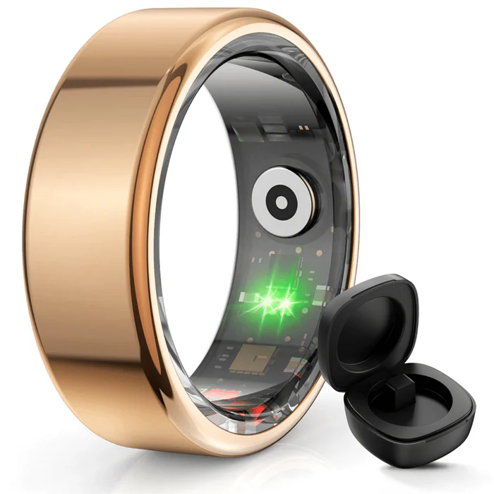 Inel Inteligent, Bluetooth, Cutie Incarcare Wireless, Monitorizeaza Pulsul, Oxigenul din Sange, Somnul, Calorii, Impermeabil IP68, Gold, easyCTRL®