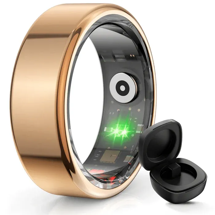 Inel Inteligent, Bluetooth, Cutie Incarcare Wireless, Monitorizeaza Pulsul, Oxigenul din Sange, Somnul, Calorii, Impermeabil IP68, Gold, easyCTRL®