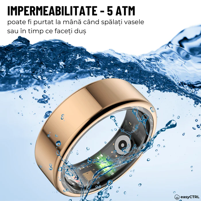 Inel Inteligent, Bluetooth, Cutie Incarcare Wireless, Monitorizeaza Pulsul, Oxigenul din Sange, Somnul, Calorii, Impermeabil IP68, Gold, easyCTRL®