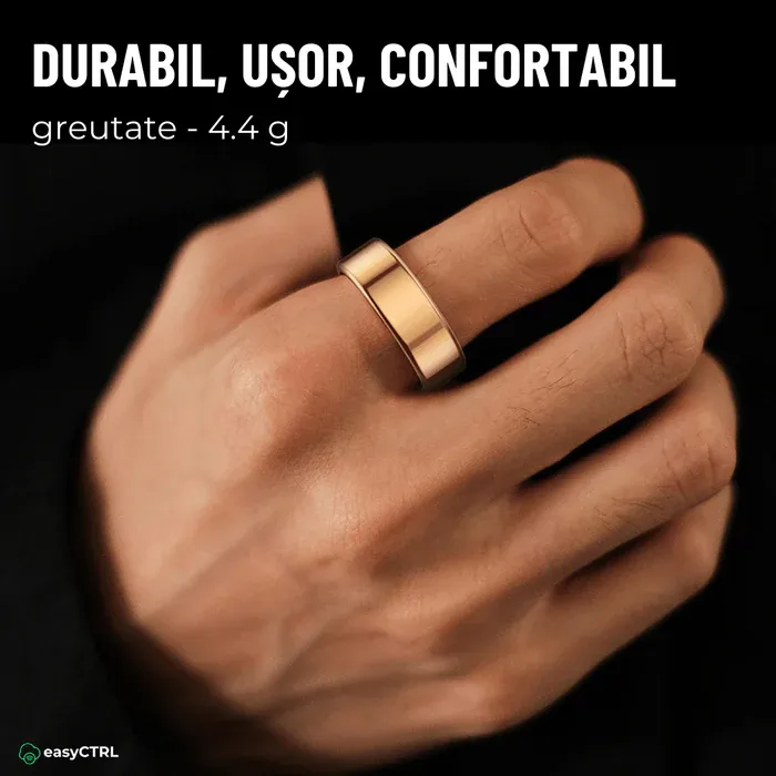 Inel Inteligent, Bluetooth, Cutie Incarcare Wireless, Monitorizeaza Pulsul, Oxigenul din Sange, Somnul, Calorii, Impermeabil IP68, Gold, easyCTRL®