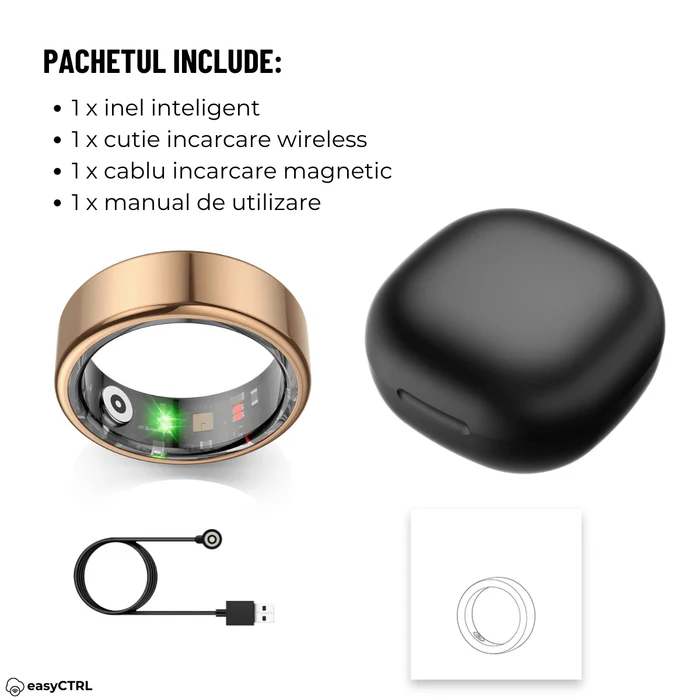 Inel Inteligent, Bluetooth, Cutie Incarcare Wireless, Monitorizeaza Pulsul, Oxigenul din Sange, Somnul, Calorii, Impermeabil IP68, Gold, easyCTRL®