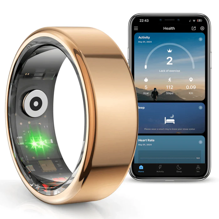 Inel Inteligent, Bluetooth, Cutie Incarcare Wireless, Monitorizeaza Pulsul, Oxigenul din Sange, Somnul, Calorii, Impermeabil IP68, Gold, easyCTRL®