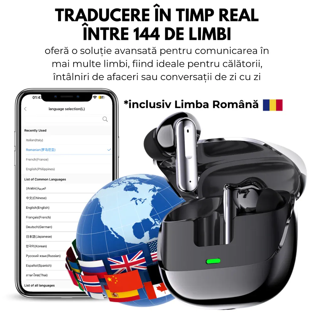 Căști de traducere a conversațiilor în timp real, acceptă 144 de limbi, traducere foto, Bluetooth 5.4, control tactil, carcasă de încărcare, easyCTRL®