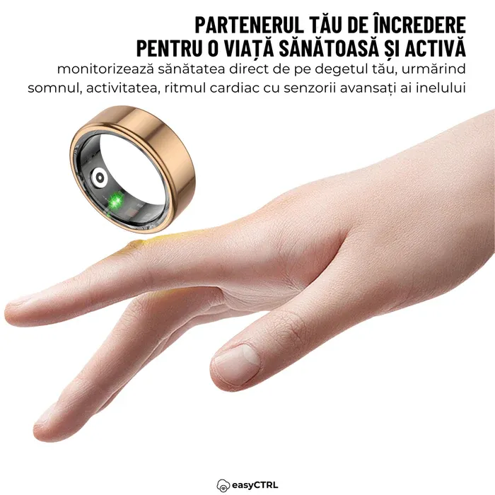 Inel Inteligent, Bluetooth, Cutie Incarcare Wireless, Monitorizeaza Pulsul, Oxigenul din Sange, Somnul, Calorii, Impermeabil IP68, Gold, easyCTRL®