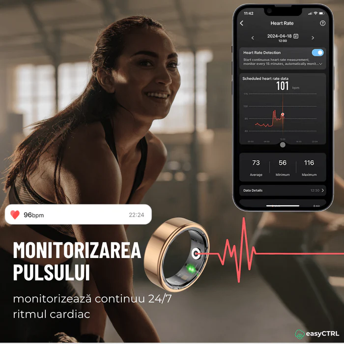 Inel Inteligent, Bluetooth, Cutie Incarcare Wireless, Monitorizeaza Pulsul, Oxigenul din Sange, Somnul, Calorii, Impermeabil IP68, Gold, easyCTRL®