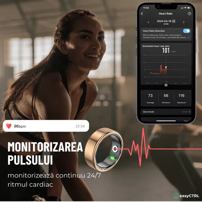 Inel Inteligent, Bluetooth, Cutie Incarcare Wireless, Monitorizeaza Pulsul, Oxigenul din Sange, Somnul, Calorii, Impermeabil IP68, Gold, easyCTRL®