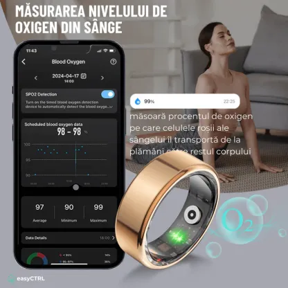 Inel Inteligent, Bluetooth, Cutie Incarcare Wireless, Monitorizeaza Pulsul, Oxigenul din Sange, Somnul, Calorii, Impermeabil IP68, Gold, easyCTRL®