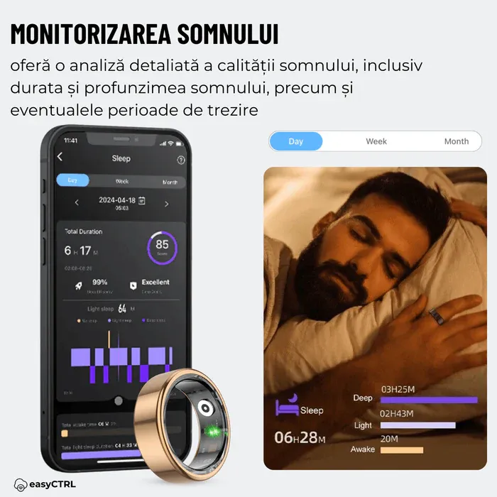 Inel Inteligent, Bluetooth, Cutie Incarcare Wireless, Monitorizeaza Pulsul, Oxigenul din Sange, Somnul, Calorii, Impermeabil IP68, Gold, easyCTRL®