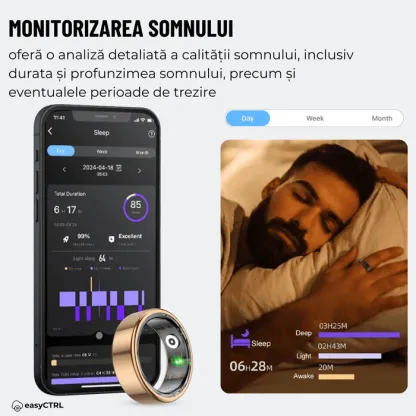 Inel Inteligent, Bluetooth, Cutie Incarcare Wireless, Monitorizeaza Pulsul, Oxigenul din Sange, Somnul, Calorii, Impermeabil IP68, Gold, easyCTRL®