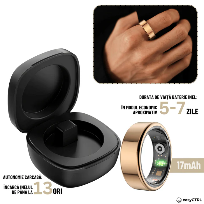 Inel Inteligent, Bluetooth, Cutie Incarcare Wireless, Monitorizeaza Pulsul, Oxigenul din Sange, Somnul, Calorii, Impermeabil IP68, Gold, easyCTRL®