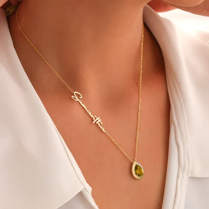 Piatra de nastere minimalista lucrata manual, colier personalizat din aur de 14k cu nume si piatra de nastere, cadou de Ziua Mamei pentru ea, bijuterii din piatra de nastere pentru femei