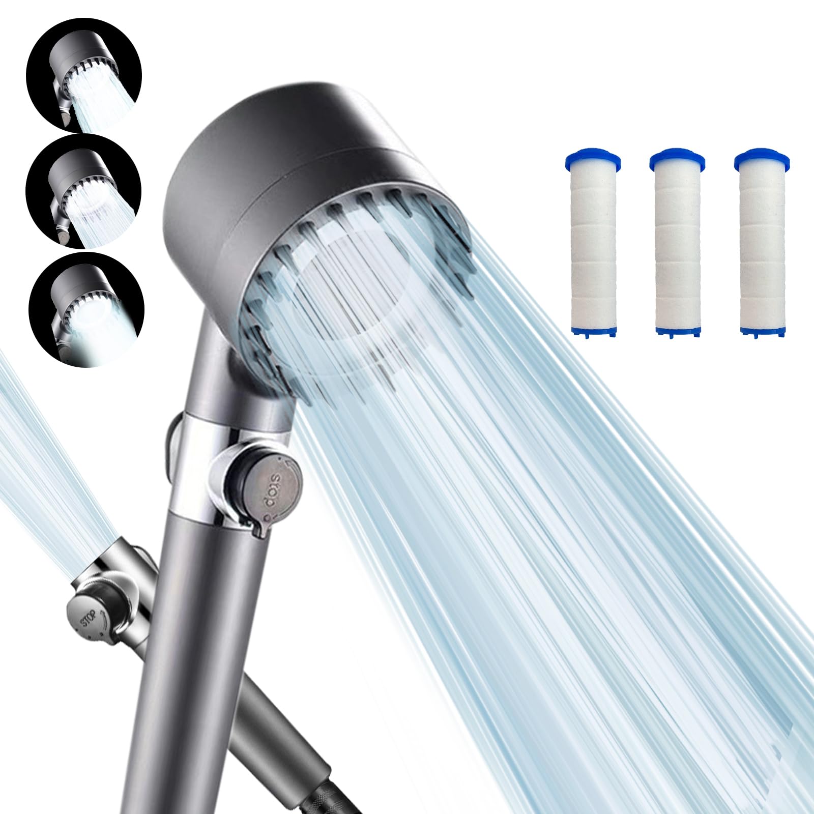 🚿💦Capete de duș puternice de înaltă presiune, cap de duș de mână cu filtre, cap de duș multifuncțional cu un singur buton, masaj german, masaj și frumusețea pielii, 4 moduri de pulverizare + 3 filtru