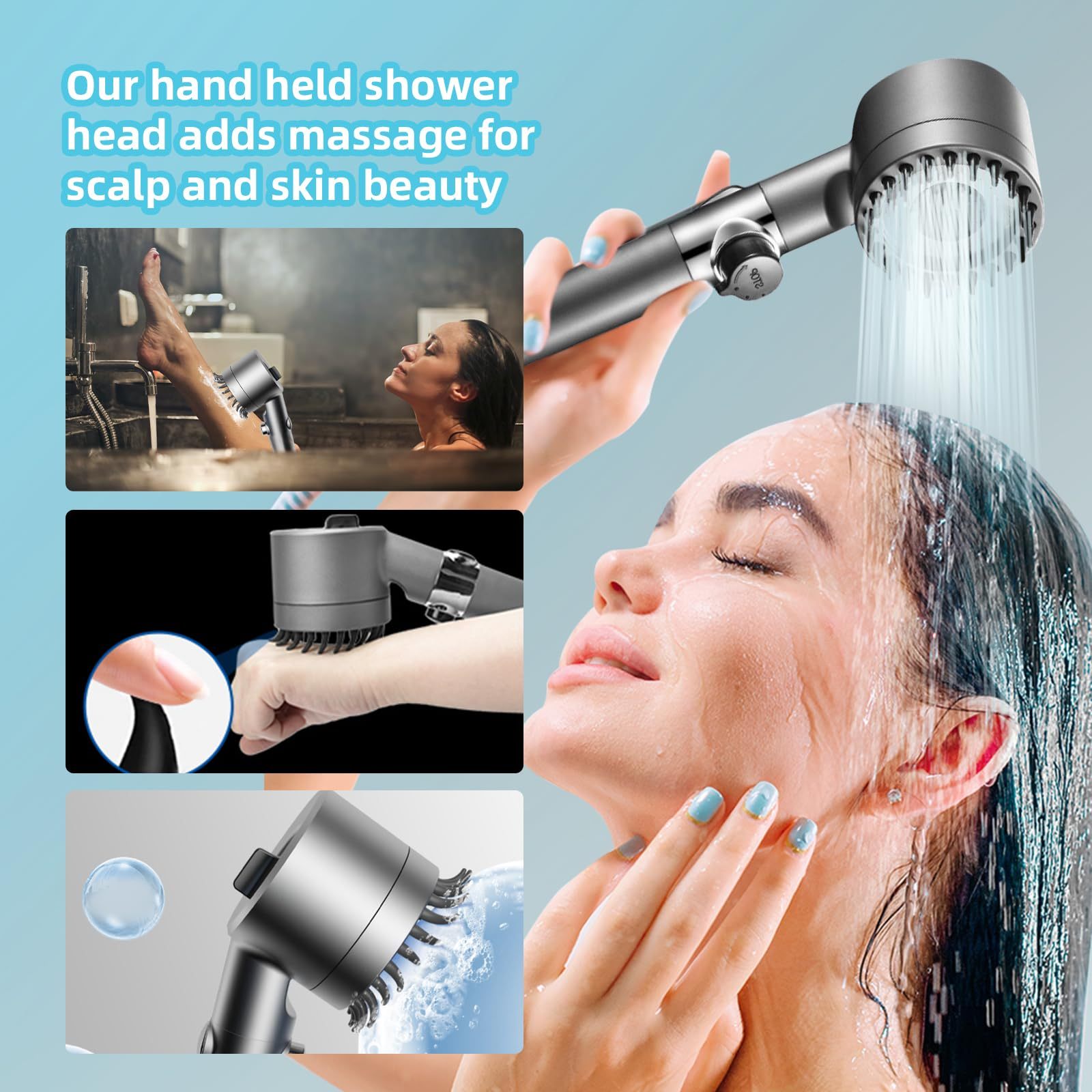 🚿💦Capete de duș puternice de înaltă presiune, cap de duș de mână cu filtre, cap de duș multifuncțional cu un singur buton, masaj german, masaj și frumusețea pielii, 4 moduri de pulverizare + 3 filtru