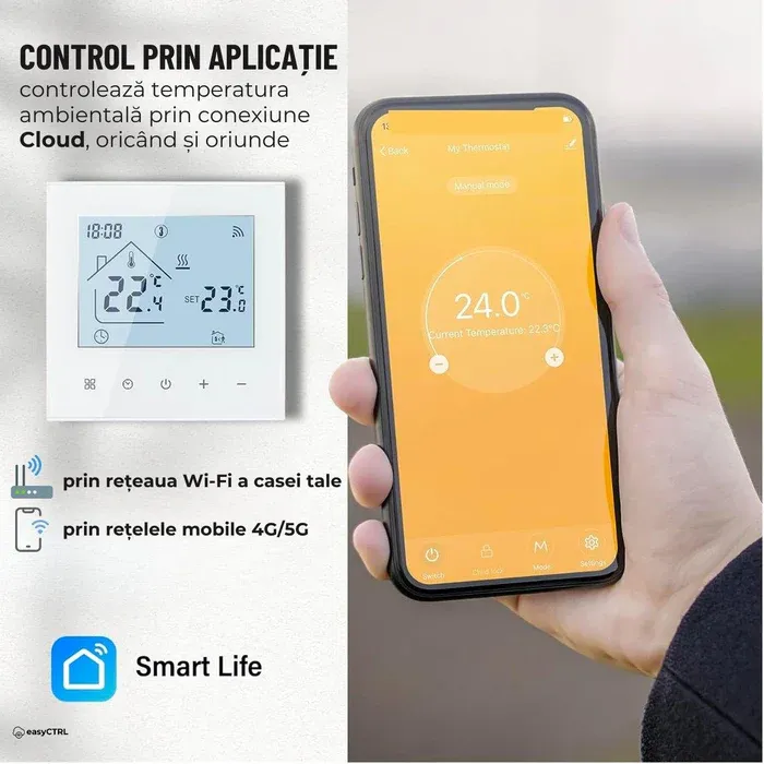 Termostat inteligent Wi-Fi pentru centrala termica, Smart Life / Tuya APP, Control vocal, Alb, easyCTRL®