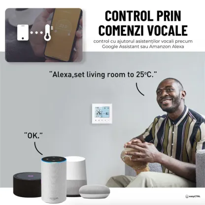Termostat inteligent Wi-Fi pentru centrala termica, Smart Life / Tuya APP, Control vocal, Alb, easyCTRL®