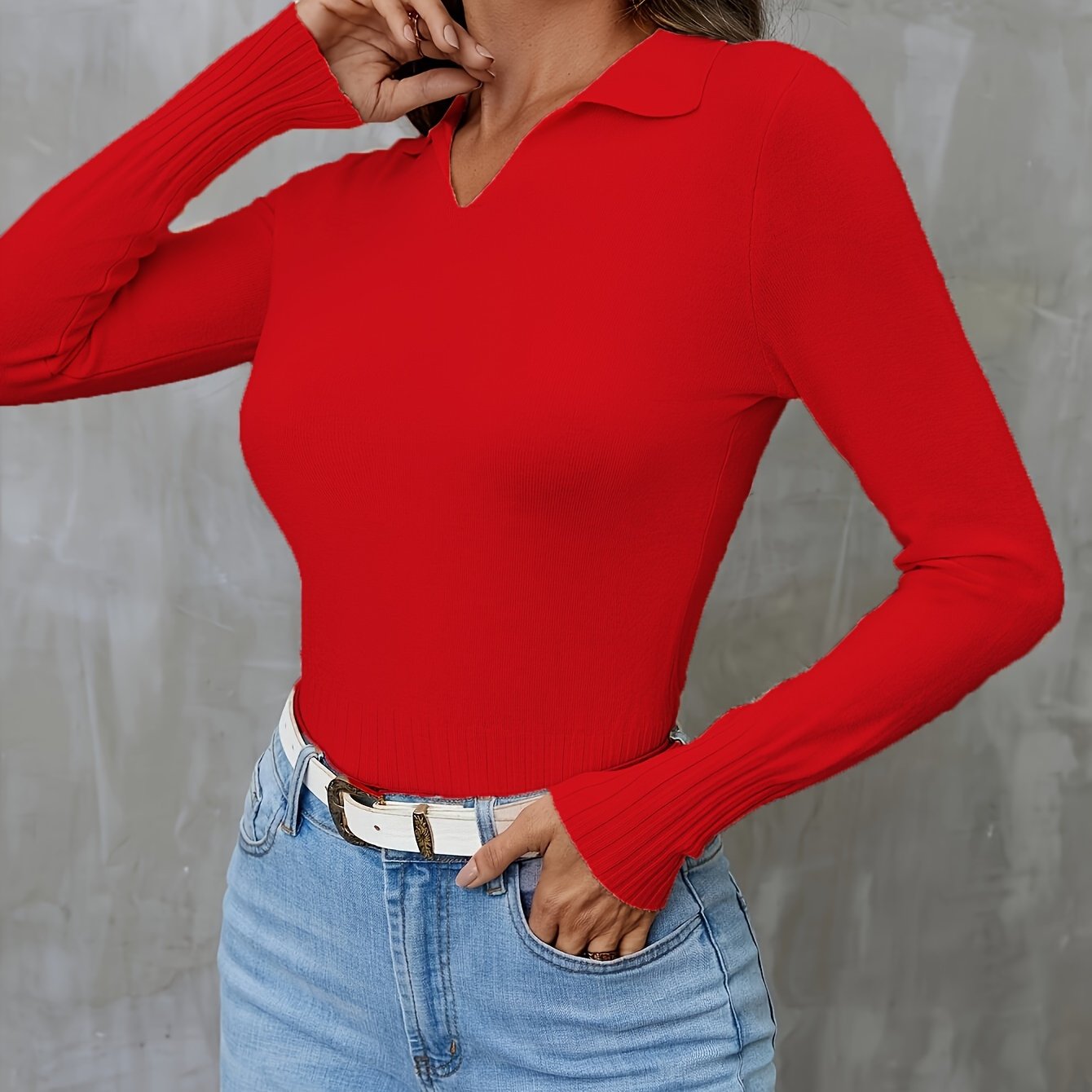 Solid Notched  Collar Pullover Sweater