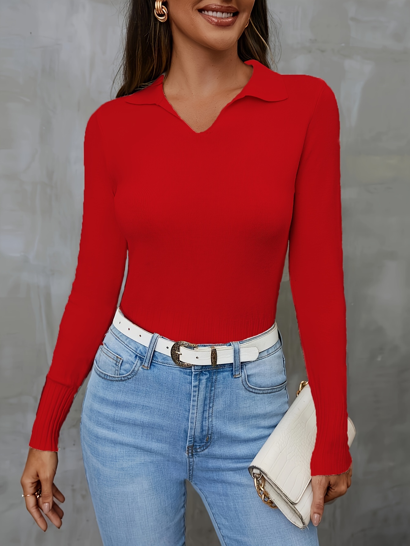 Solid Notched  Collar Pullover Sweater